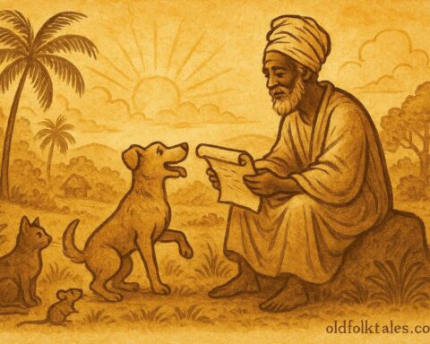 An llustration of a dog receiving his freedom letter from Olufi, Afro-Cuban folktale scene.
