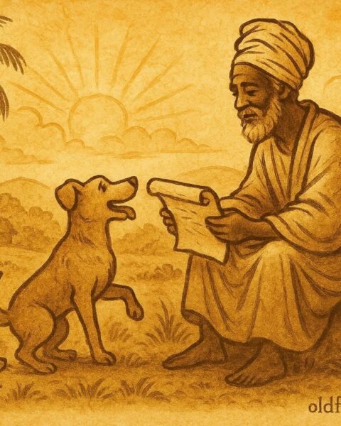 An llustration of a dog receiving his freedom letter from Olufi, Afro-Cuban folktale scene.