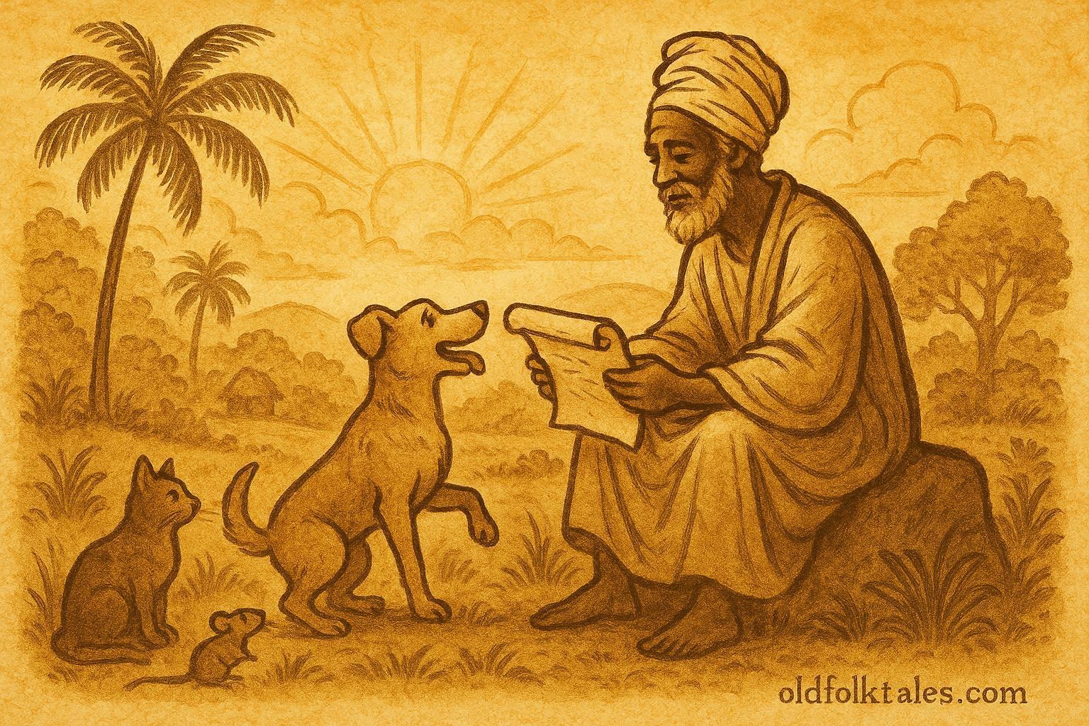 An llustration of a dog receiving his freedom letter from Olufi, Afro-Cuban folktale scene.