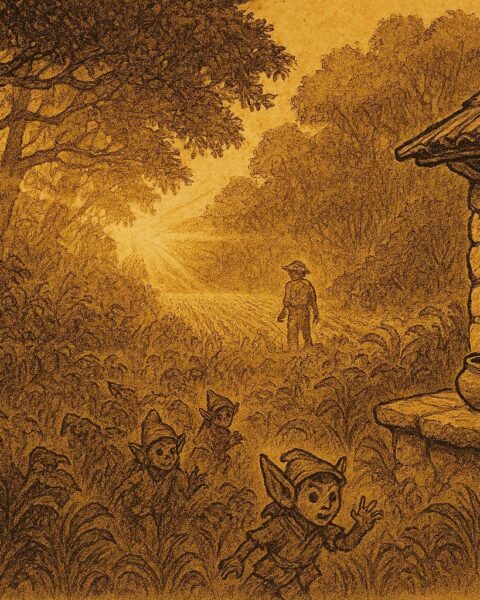 An illustration of tiny Aluxes guarding a Mayan cornfield near a jungle, Yucatec Maya folktale scene.