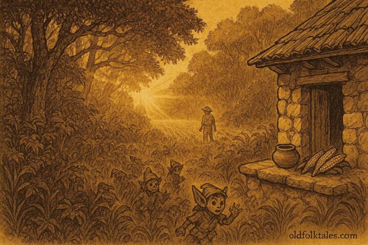 An illustration of tiny Aluxes guarding a Mayan cornfield near a jungle, Yucatec Maya folktale scene.