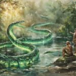 A giant emerald anaconda spirit creating the first river in the Amazon forest, based on a Tukano folktale from Colombia.
