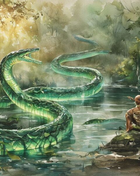 A giant emerald anaconda spirit creating the first river in the Amazon forest, based on a Tukano folktale from Colombia.