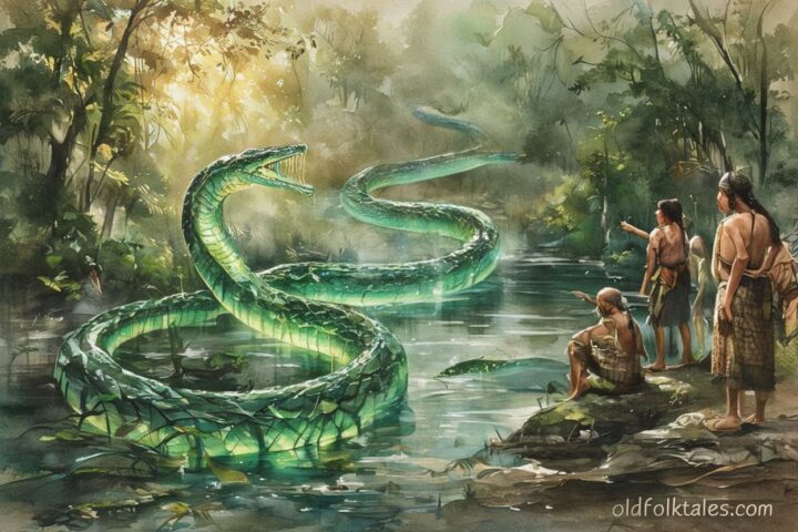 A giant emerald anaconda spirit creating the first river in the Amazon forest, based on a Tukano folktale from Colombia.