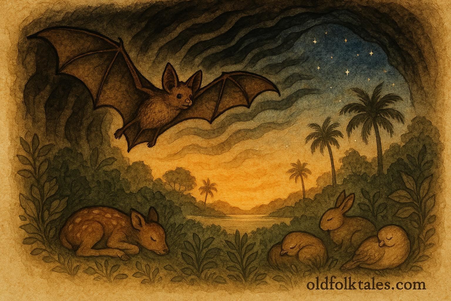 A small bat releasing darkness from a mountain cave as stars fill the Caribbean sky, Kalinago folktale scene.