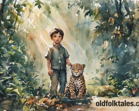 A boy and a jaguar cub in the rainforest under golden light, inspired by a Yanomami folktale from the Amazon.