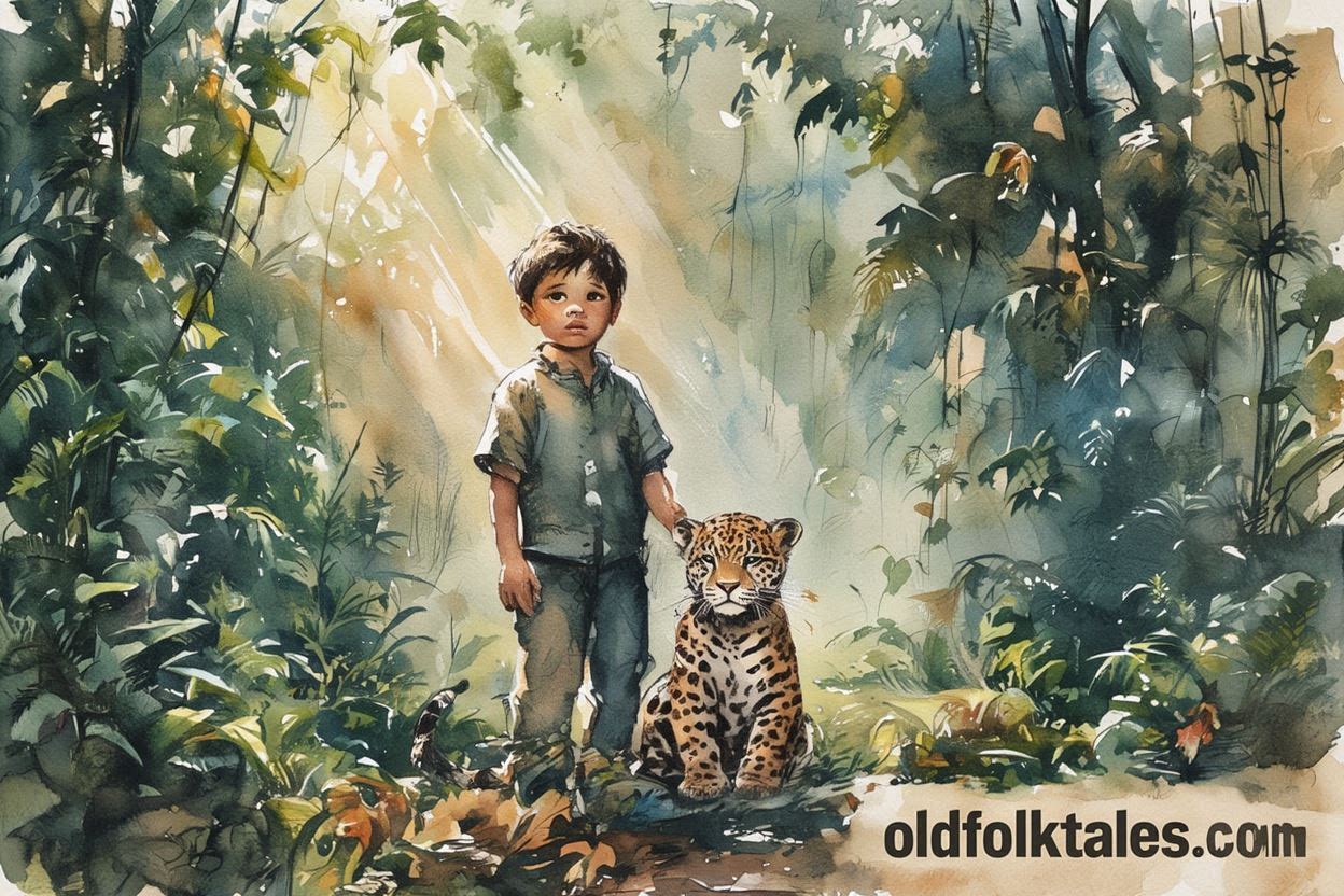 A boy and a jaguar cub in the rainforest under golden light, inspired by a Yanomami folktale from the Amazon.