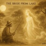 An illustration of a fisherman and a ghostly bride by a moonlit lake, Purépecha Mexican folktale.