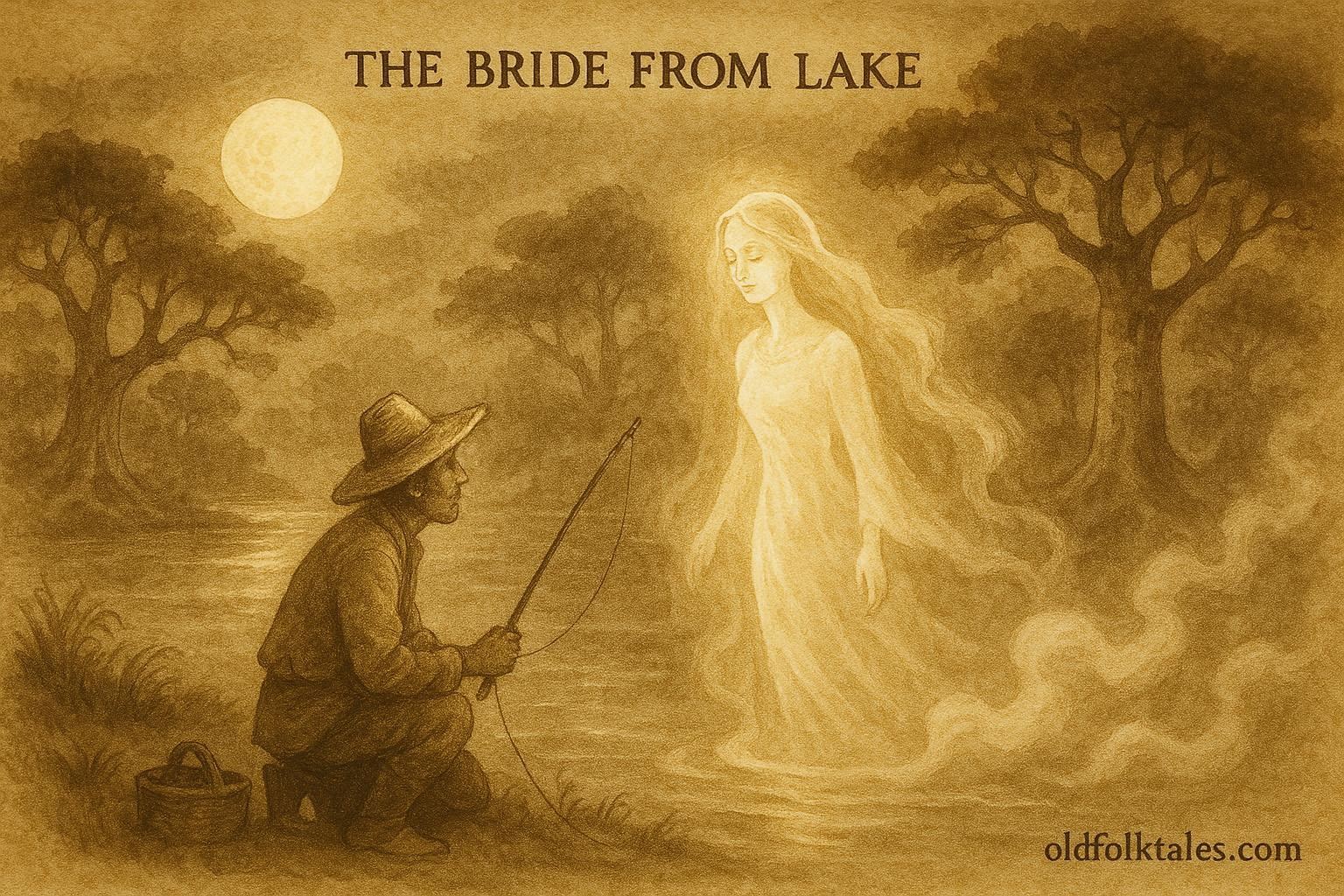 An illustration of a fisherman and a ghostly bride by a moonlit lake, Purépecha Mexican folktale.