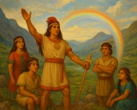 Illustration of the Ayar brothers emerging from the Cave of Pacaritambo, led by Ayar Manco holding a golden staff under a radiant Andean sky.