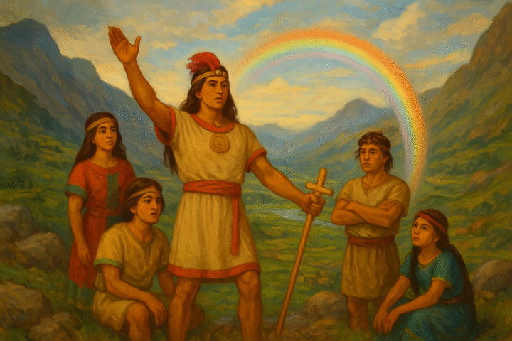 Illustration of the Ayar brothers emerging from the Cave of Pacaritambo, led by Ayar Manco holding a golden staff under a radiant Andean sky.