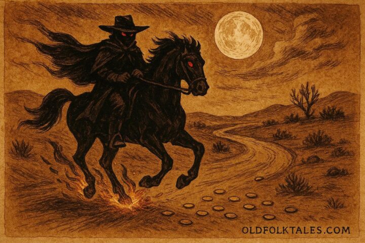 An illustration of the Devil as a black horseman offering gold on a moonlit Mexican road.
