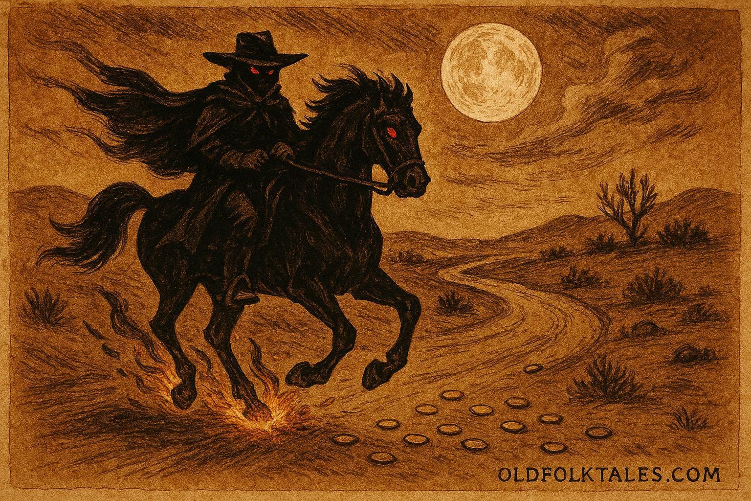 An illustration of the Devil as a black horseman offering gold on a moonlit Mexican road.