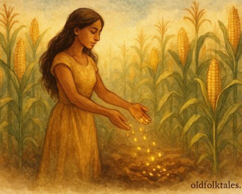 A woman scattering glowing corn seeds in a golden field, inspired by a Mixtec Zapotec maize legend from Oaxaca Mexico.