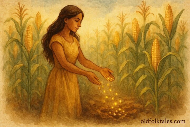 A woman scattering glowing corn seeds in a golden field, inspired by a Mixtec Zapotec maize legend from Oaxaca Mexico.