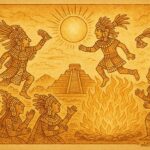 An illustration of Nanahuatzin leaping into the sacred fire at Teotihuacán, Aztec creation myth.