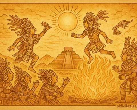 An illustration of Nanahuatzin leaping into the sacred fire at Teotihuacán, Aztec creation myth.