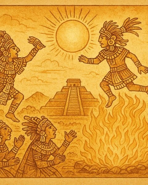 An illustration of Nanahuatzin leaping into the sacred fire at Teotihuacán, Aztec creation myth.