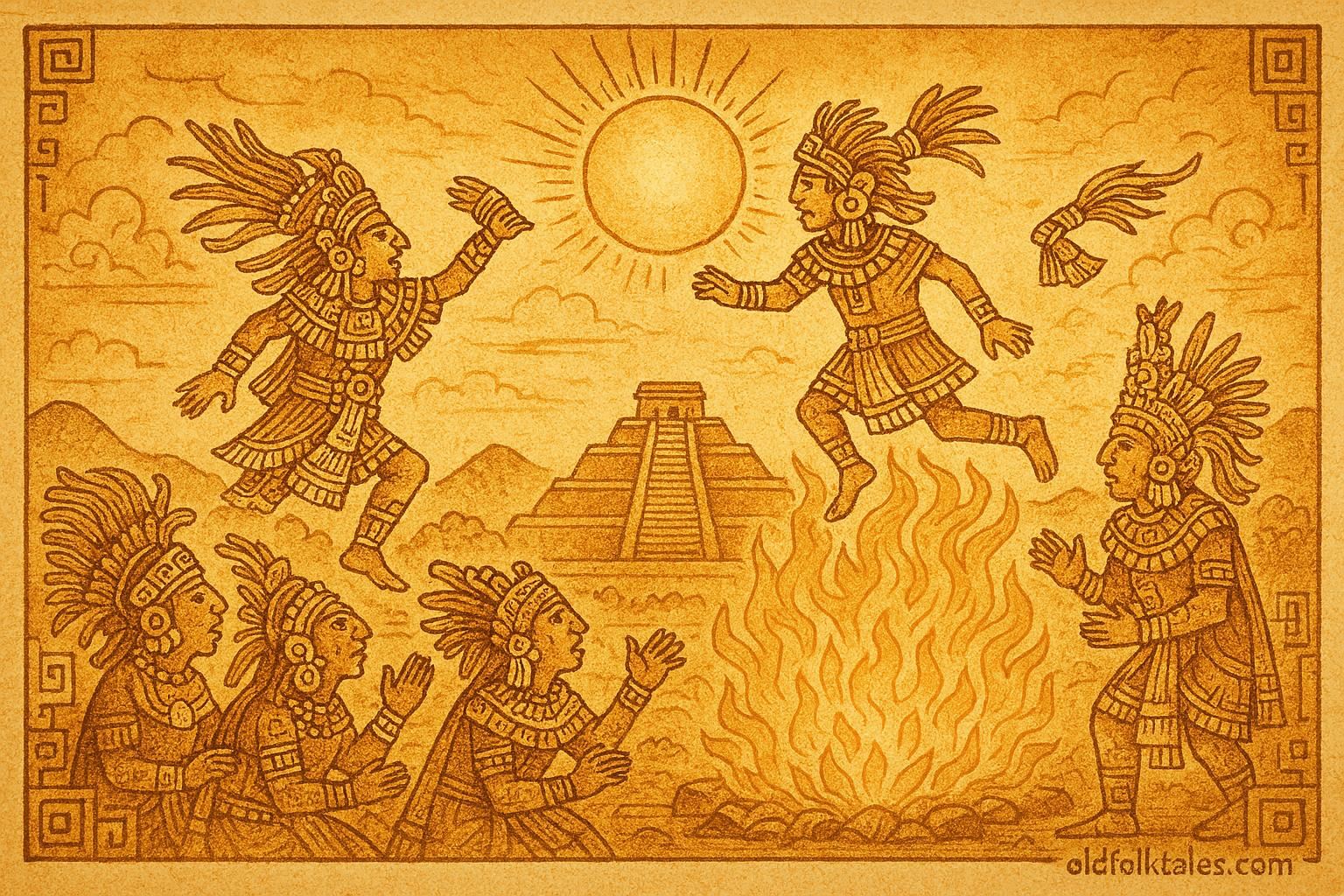 An illustration of Nanahuatzin leaping into the sacred fire at Teotihuacán, Aztec creation myth.