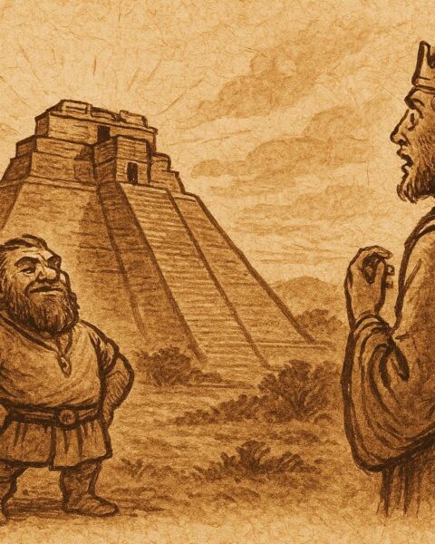 Parchment-style artwork of the Dwarf King before the Pyramid of the Magician, Mayan folktale scene.