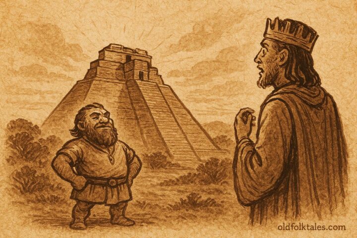 Parchment-style artwork of the Dwarf King before the Pyramid of the Magician, Mayan folktale scene.