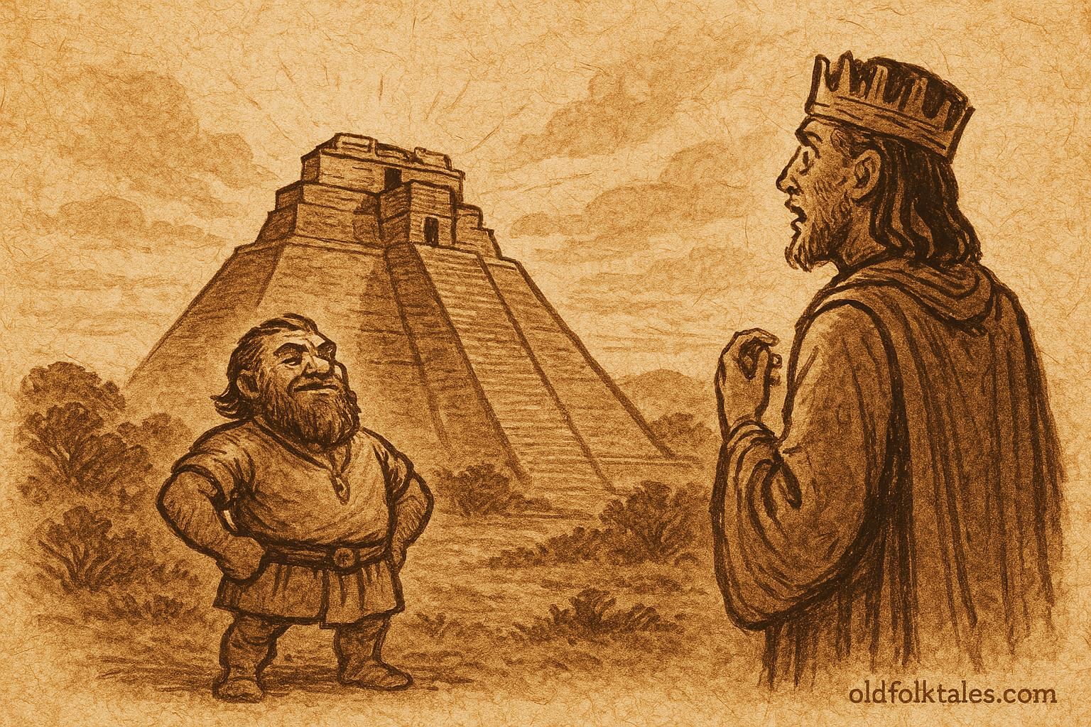 Parchment-style artwork of the Dwarf King before the Pyramid of the Magician, Mayan folktale scene.