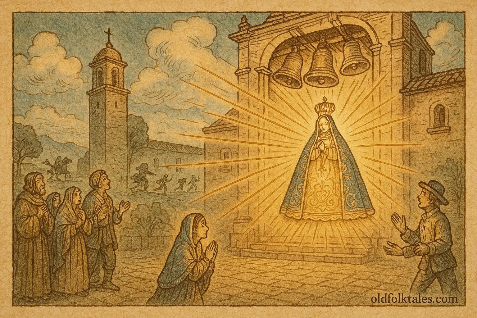 An illustration of the Virgin’s light and ringing bells saving San Juan de los Lagos, Mexican folktale scene.