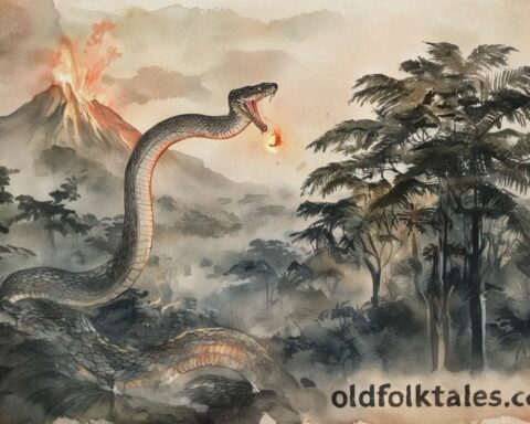 A glowing serpent bringing fire from a volcano to humans, inspired by an Arawak folktale from the Amazon.