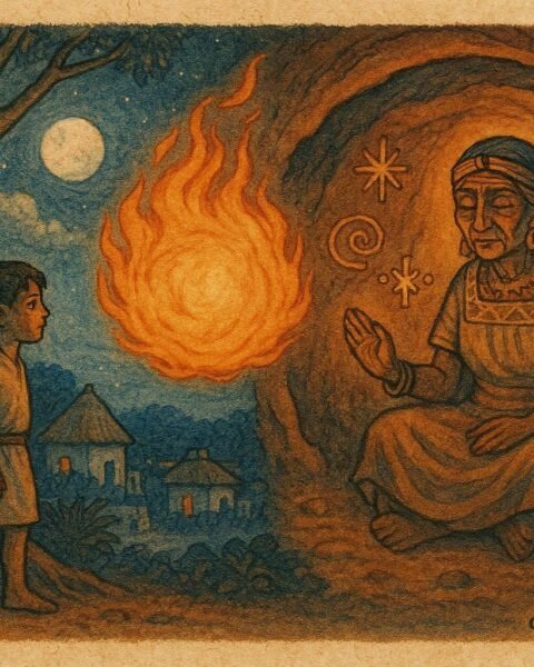 An illustration of a glowing fireball soaring above a moonlit Yucatán village. A brave Maya boy stands near a sacred ceiba tree, watching as the fireball transforms inside a cave into an old Maya woman surrounded by mystical symbols.