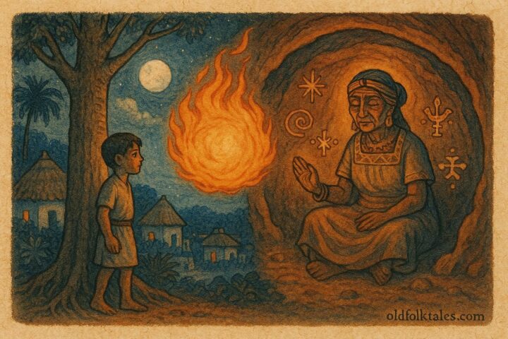An illustration of a glowing fireball soaring above a moonlit Yucatán village. A brave Maya boy stands near a sacred ceiba tree, watching as the fireball transforms inside a cave into an old Maya woman surrounded by mystical symbols.