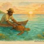 A fisherman freeing a glowing sea turtle that becomes a goddess in the Caribbean Sea, Kalinago folktale scene.