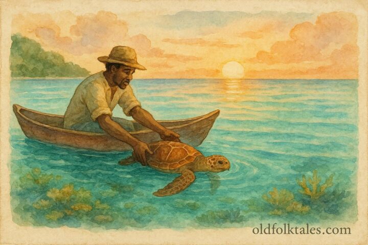 A fisherman freeing a glowing sea turtle that becomes a goddess in the Caribbean Sea, Kalinago folktale scene.