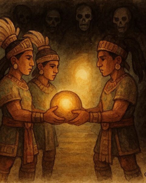 Two Maya twins holding a glowing ball facing the Lords of Death in the underworld, from a Kiche Maya folktale in Guatemala.