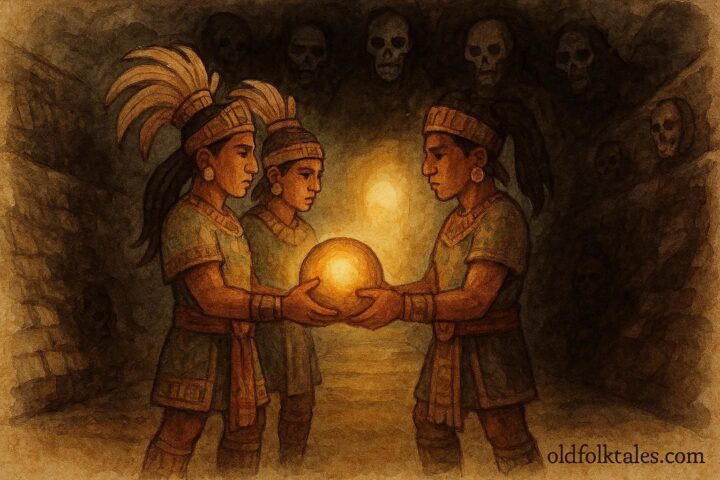 Two Maya twins holding a glowing ball facing the Lords of Death in the underworld, from a Kiche Maya folktale in Guatemala.