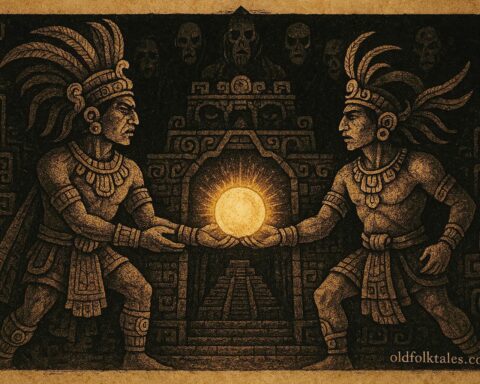 An illustration of Hunahpú and Xbalanqué defeating the Lords of Xibalba, from the Mayan Popol Vuh.