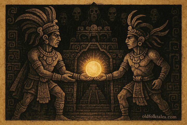 An illustration of Hunahpú and Xbalanqué defeating the Lords of Xibalba, from the Mayan Popol Vuh.