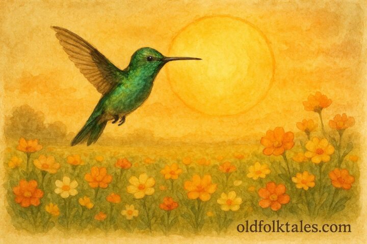 A hummingbird glowing before the sun over bright flowers, inspired by a Mixtec folktale from Oaxaca Mexico.