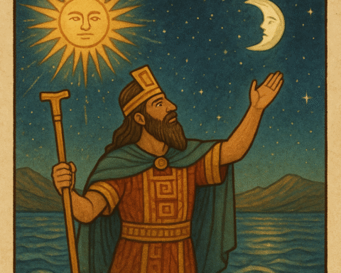 Illustration of the Incan god Viracocha rising from Lake Titicaca, raising his hand toward the Sun and Moon, symbolizing creation.