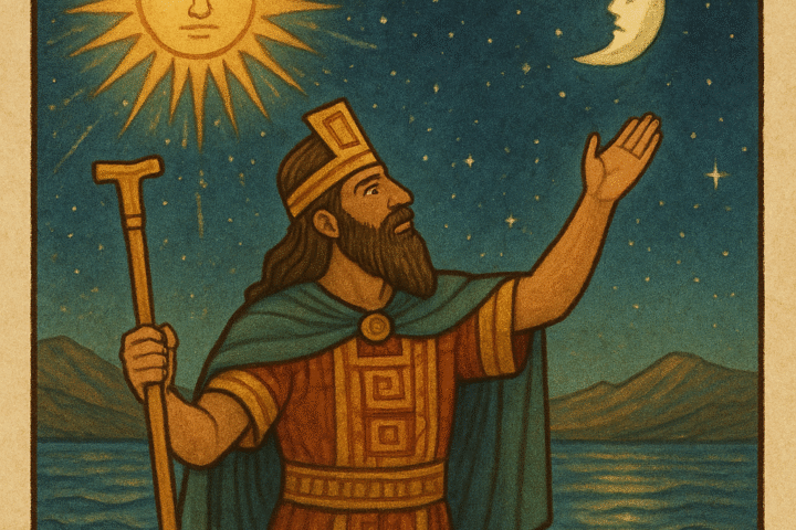 Illustration of the Incan god Viracocha rising from Lake Titicaca, raising his hand toward the Sun and Moon, symbolizing creation.