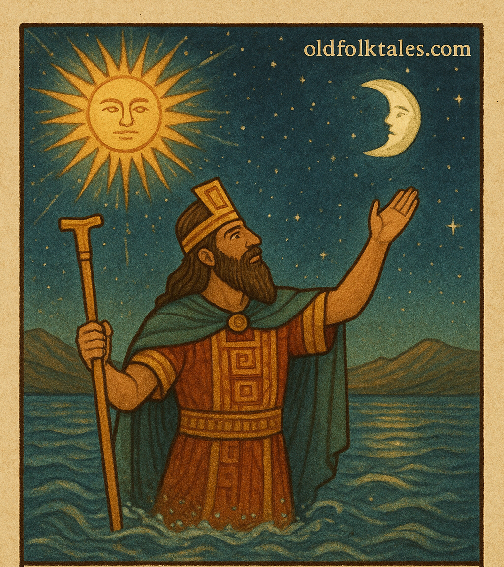 Illustration of the Incan god Viracocha rising from Lake Titicaca, raising his hand toward the Sun and Moon, symbolizing creation.