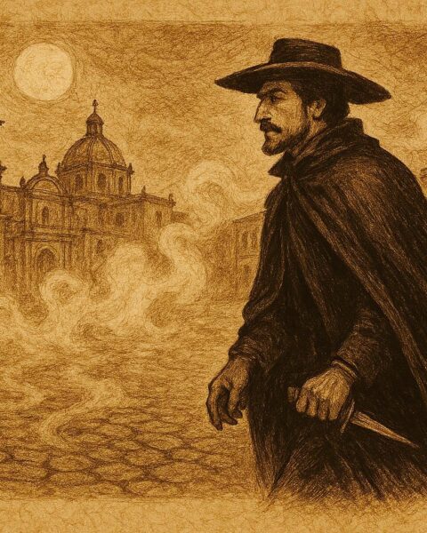 Parchment-style illustration of Don Juan Manuel walking colonial Mexico streets at night, Mexican folktale scene.