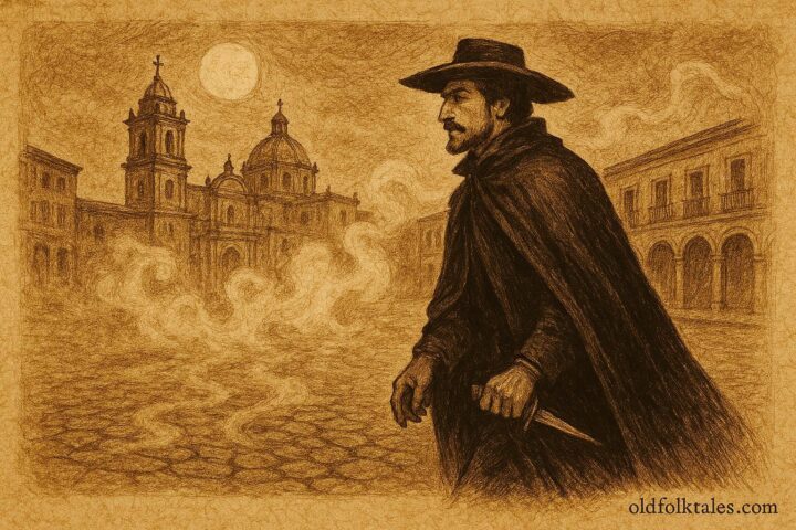 Parchment-style illustration of Don Juan Manuel walking colonial Mexico streets at night, Mexican folktale scene.