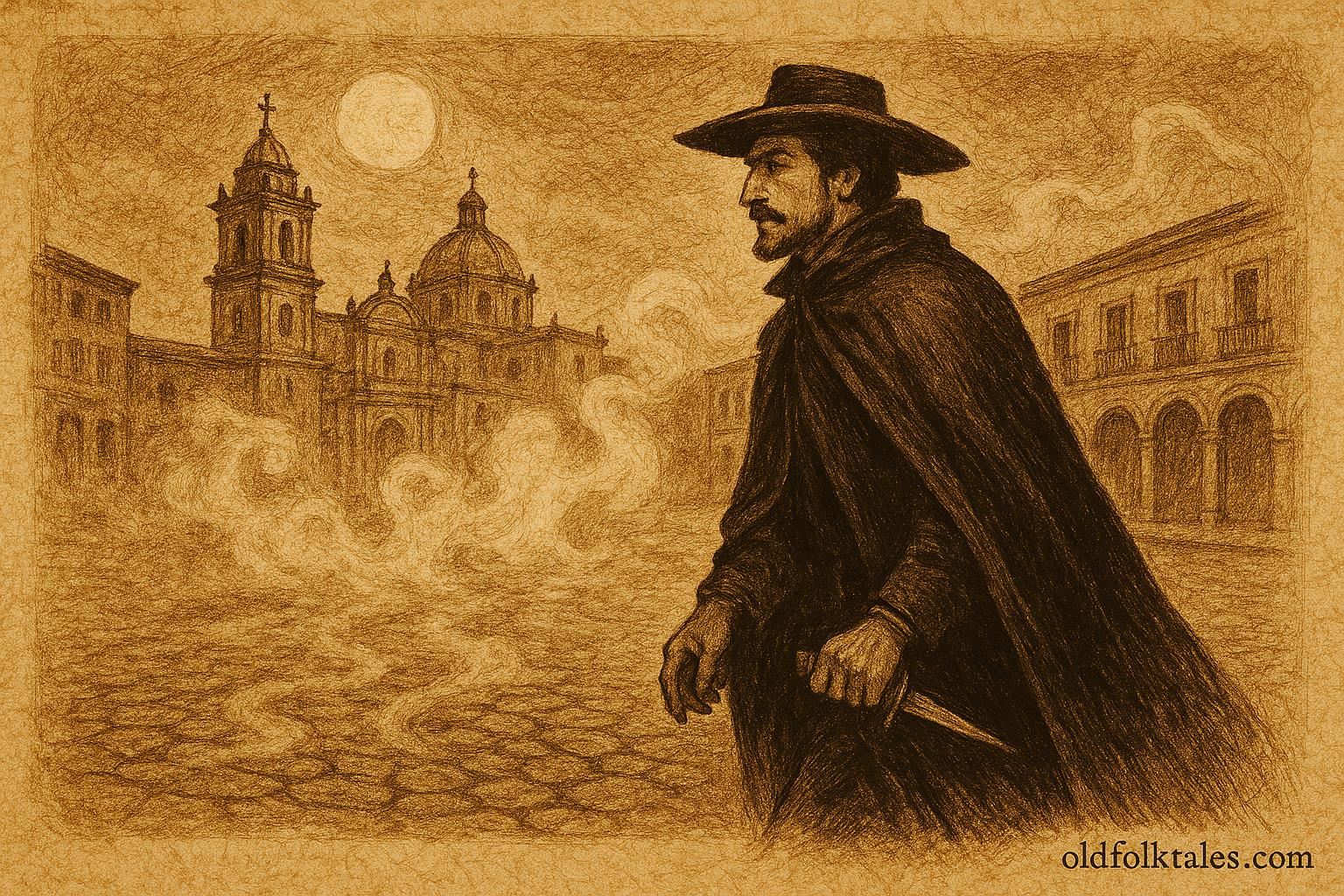 Parchment-style illustration of Don Juan Manuel walking colonial Mexico streets at night, Mexican folktale scene.