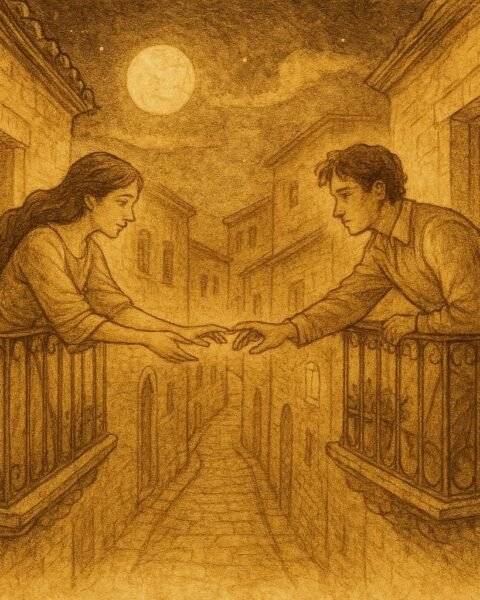 Parchment-style artwork of Ana and Carlos reaching across balconies in Guanajuato, Mexican folktale scene.