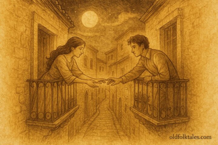 Parchment-style artwork of Ana and Carlos reaching across balconies in Guanajuato, Mexican folktale scene.