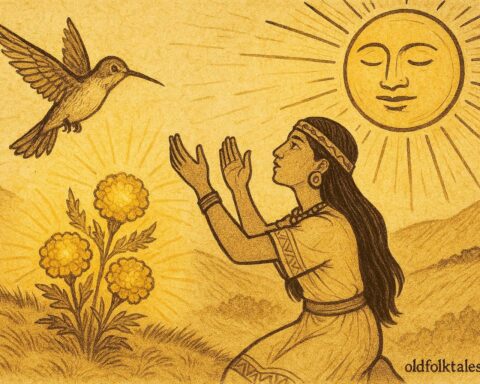 Parchment-style artwork of Xóchitl and Huitzilin’s spirit as a hummingbird among marigolds, Aztec folktale scene.