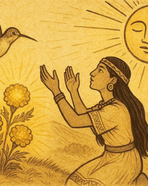 Parchment-style artwork of Xóchitl and Huitzilin’s spirit as a hummingbird among marigolds, Aztec folktale scene.