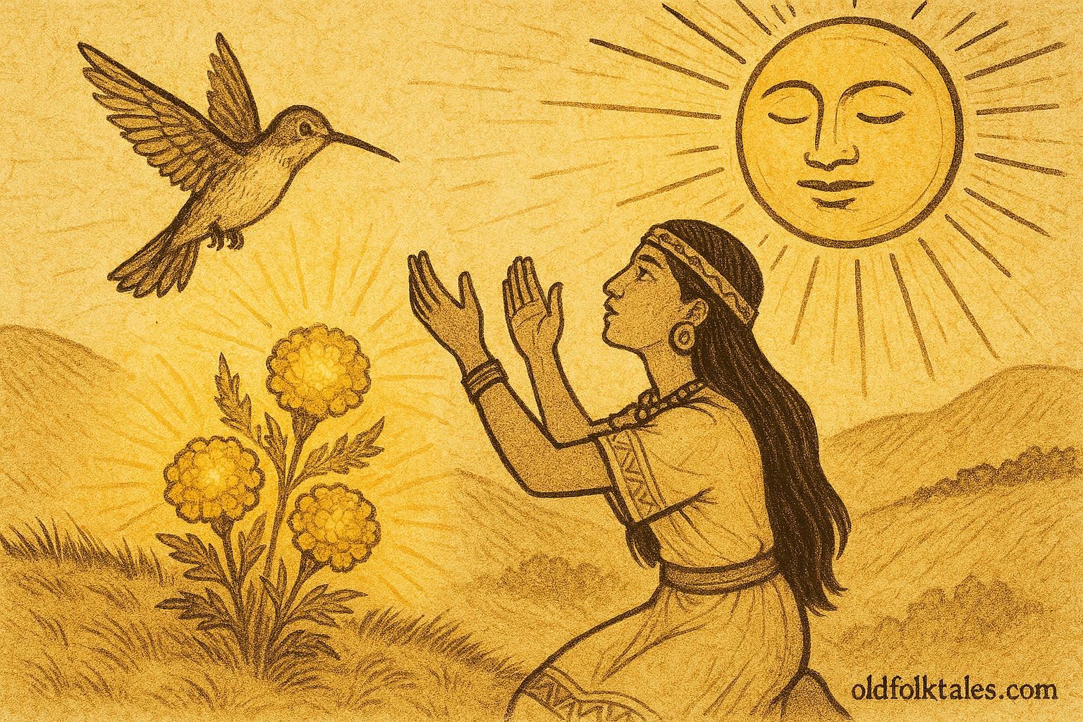 Parchment-style artwork of Xóchitl and Huitzilin’s spirit as a hummingbird among marigolds, Aztec folktale scene.