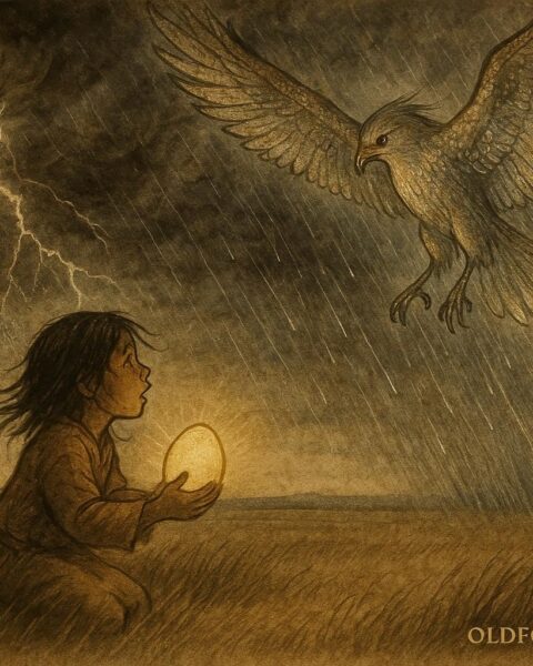 Young Plains child opens a glowing egg on the prairie as the Sky-Bird descends with lightning and rain, symbolizing the birth of thunder in Indigenous Canadian folklore.