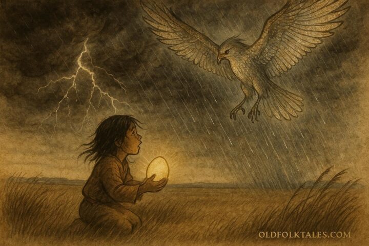 Young Plains child opens a glowing egg on the prairie as the Sky-Bird descends with lightning and rain, symbolizing the birth of thunder in Indigenous Canadian folklore.